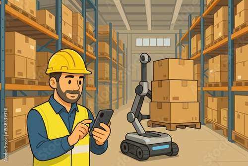 Warehouse worker managing autonomous mobile robot with a smartphone. Smart warehouse automation, logistics, and supply chain technology. Concept of inventory management.