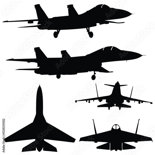 Several airplanes are presented in black silhouette, showing different angles and positions against a white background