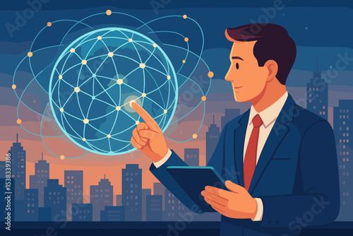 Businessman interacting with a global network hologram. Digital technology, communication, and business concept. Man with a tablet touching a glowing data sphere. Worldwide connection.
