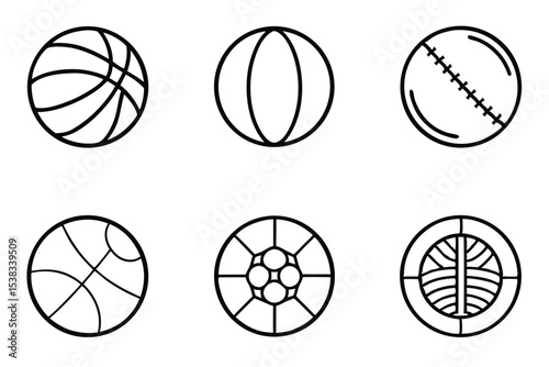 Line art illustrations of various sport ball designs including basketball baseball soccer and badminton sport concepts