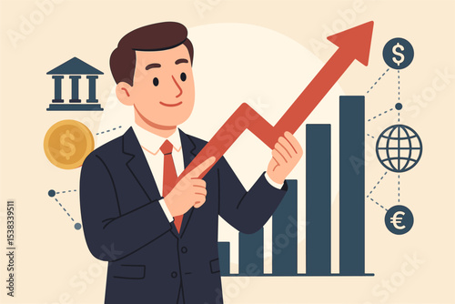 Businessman holds growth arrow over financial bar chart. Global business success and investment strategy concept. Economic analysis for banking, stock market profit, and world economy.