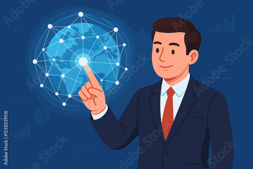 Businessman interacts with a futuristic global network hologram. Concept for innovation, technology, international business, big data connection, and worldwide communication strategy.