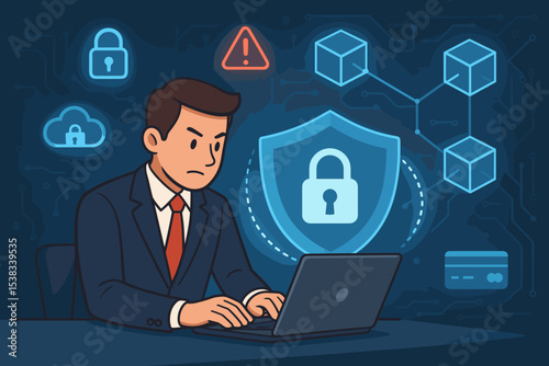 Cybersecurity concept with businessman at laptop. Digital protection, network security, blockchain technology. Data privacy, cloud computing, online payment safety with shield icon.