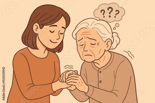 Daughter comforting elderly mother with dementia or Alzheimer's. Caregiver supporting senior woman with memory loss and confusion. Concept of mental health, aging, and family care.