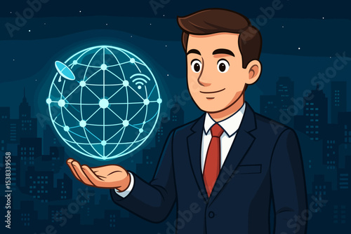 Businessman holding digital global network connection sphere with satellite and wireless signals, technology concept, internet communication, digital globe, futuristic city background