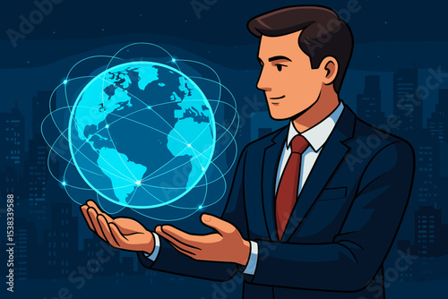 Businessman holding a glowing globe with network connections. Concept of global business, technology, internet, and communication. Man in suit with city background. Future vision.