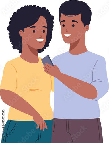 Couple Sharing a Moment: A tender illustration shows a young couple sharing a phone, their expressions radiating happiness and connection. It’s a visual story of digital intimacy, shared experience.