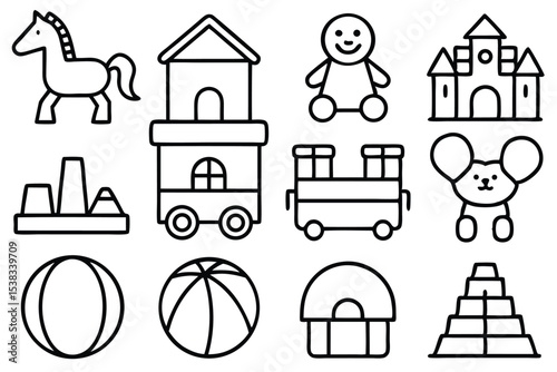 Playful black and white illustrations depicting various classic toys for early childhood development