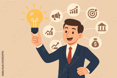 Businessman holding lightbulb, a symbol of a new idea and innovation. Business strategy and planning concept with icons for marketing, finance, investment, growth, and goals.