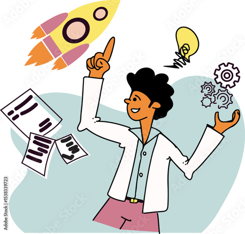 Imagination and Innovation: A vibrant illustration of a person's conceptual creativity, showing thought with rocket and lightbulb, ideal for science