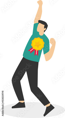 Employee of the month award winner, high performance champion, gold medal reward, success or victory recognition prize, leadership or achievement concept, success businessman holding trophy badge stoc