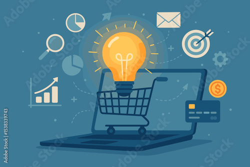 Digital marketing and e-commerce concept. Business strategy for online sales growth. Idea lightbulb in shopping cart on laptop screen. SEO, data analysis, payment, and targeting.