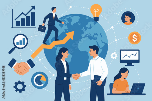 Global business growth concept. Corporate partnership and teamwork leading to success. Financial analysis, strategy and innovation for international market expansion and development.