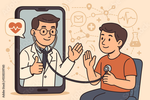 Online doctor consultation and telemedicine vector concept. Patient having remote medical examination with physician via smartphone. Telehealth service and virtual healthcare technology.