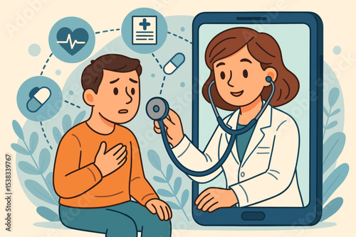 Telemedicine concept with doctor examining patient via smartphone. Online medical consultation, virtual healthcare service. Remote diagnosis, telehealth technology vector illustration.