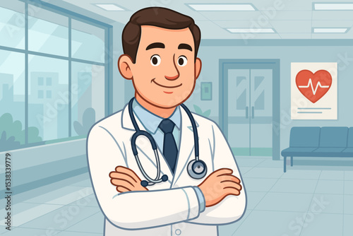 Friendly cardiologist doctor cartoon character with a stethoscope. Confident male physician in a hospital clinic. Vector illustration for healthcare, medicine, and cardiology.