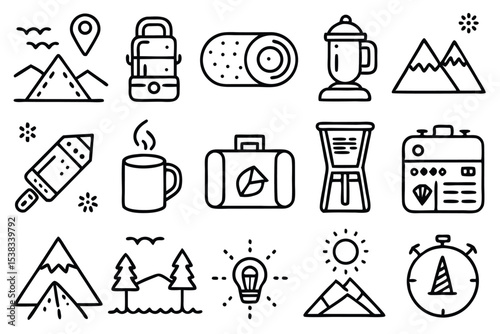 Minimalist black and white camping and adventure icon set for outdoor recreation and travel concepts
