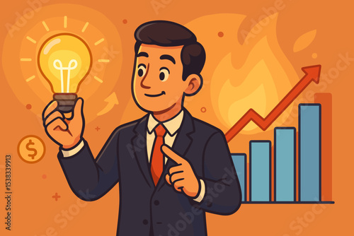 Business success concept with entrepreneur holding lightbulb idea. Man in suit pointing to growth chart and arrow up. Innovation, strategy, and financial profit vector illustration.