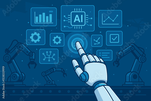 Robot hand controlling smart factory with AI interface. Industry 4.0 concept for automation, manufacturing process optimization, and data analytics. Robotic technology vector.