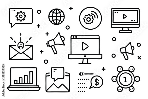 Vector illustration of business and marketing icons representing communication and online strategy, flat design style.
