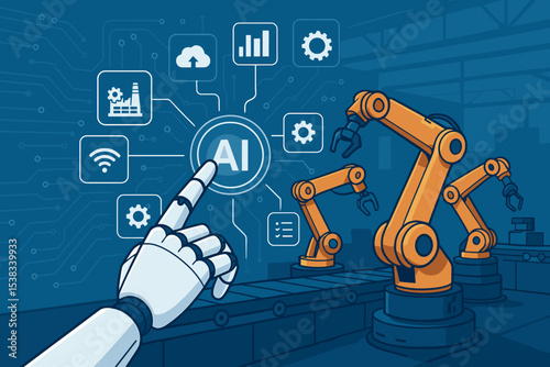 AI smart factory automation concept. Robot hand controlling industrial robotic arms on a conveyor belt. Industry 4.0, IoT, futuristic manufacturing technology vector illustration.