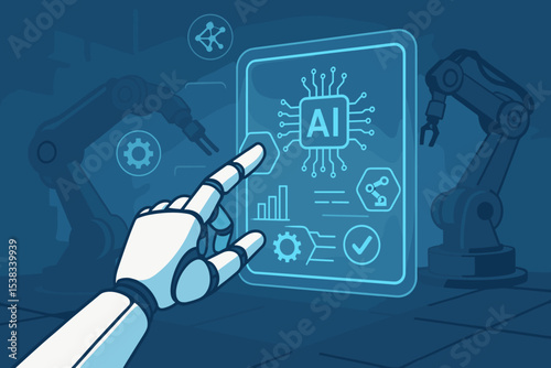 AI in a smart factory vector concept. Robot hand touches a futuristic interface, controlling robotic arms on an automated production line. Industry 4.0 and manufacturing technology.