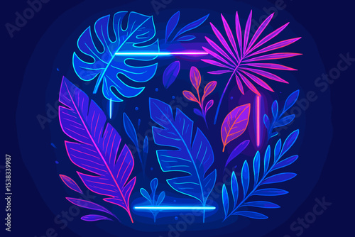Neon tropical leaves background with fluorescent palm and monstera leaf. Glowing exotic plants in vibrant blue and pink colors. Futuristic jungle floral frame for party invitation.