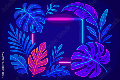 Neon tropical leaves frame with glowing rectangular border. Futuristic jungle background with exotic plants. Luminous monstera and palm leaf for summer party banner design.
