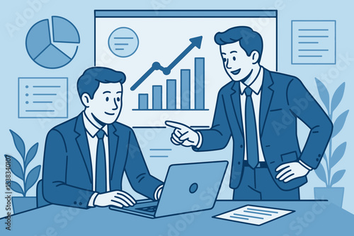 Business collaboration concept. Two colleagues discussing corporate strategy, analyzing data on charts for market growth. Teamwork and presentation in office for financial success.