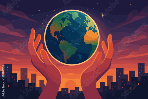 Planet Earth in caring hands above a city skyline. Global responsibility and environment conservation concept. Save our world illustration for Earth Day. Sustainable future vector.