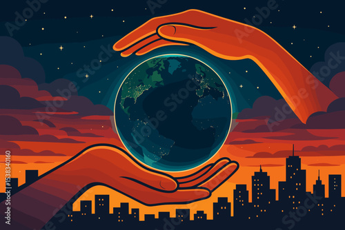 Hands holding planet Earth over a city. Concept for environment, care, conservation, and global responsibility. Vector illustration for ecology, sustainability, and Earth Day.