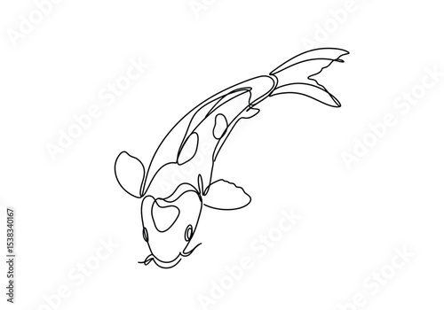 Koi fish drawing. It is a black and white outline sketch of a graceful koi fish, a highly valued ornamental carp often found in ponds. Vector sketch line art draw.