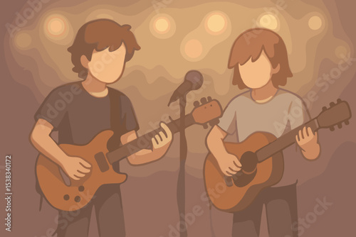 Live music performance by a young band or duo. Two cartoon faceless guitarists playing electric and acoustic guitars on stage with a microphone. Concert, gig, or festival concept.