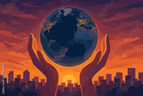 Hands holding planet Earth globe over a city skyline at sunset. Concept of environmental protection, global responsibility, sustainability, and saving our world for the future. Earth Day.