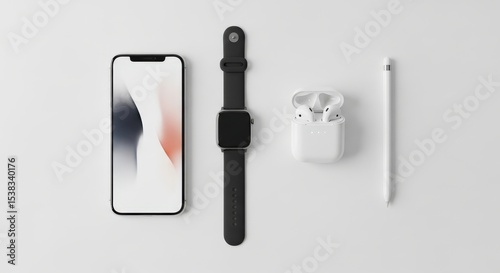 Sleek black smartphone, Apple Watch, AirPods, and Apple Pencil arranged on a minimalist white background.
