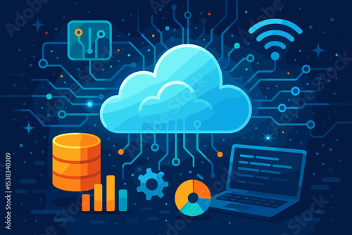Cloud computing technology concept. Futuristic digital network with data storage server, laptop and infographic elements. Big data analysis and business management vector illustration.