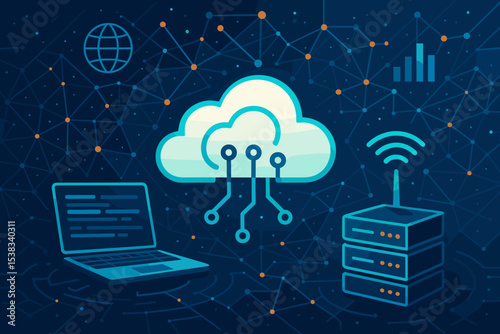 Cloud computing technology vector concept. Digital network illustration with cloud storage, server data center, and global connection. Futuristic background for business innovation.
