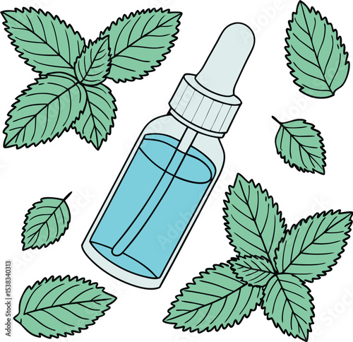 Skincare Product Bottle with Blue Liquid and Mint Leaves on Blue Background Natural Beauty and Wellness Concept
