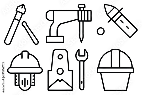 Collection of modern line art icons depicting construction tools and safety equipment for graphic design