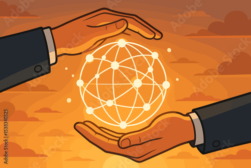 Hands protecting a glowing network globe. Global business connection concept. Metaphor for partnership, technology, communication, and international collaboration. Data support.
