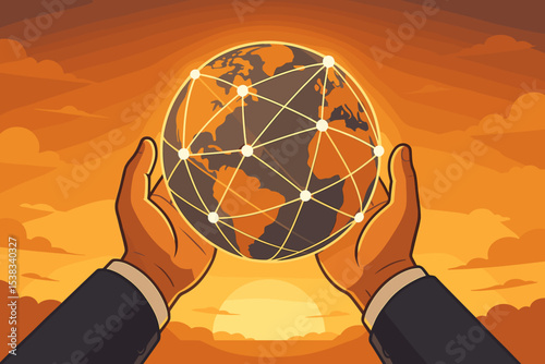 Global business networking and communication concept. Businessman hands holding a glowing Earth globe with a digital network. Metaphor for globalization, technology, connectivity.