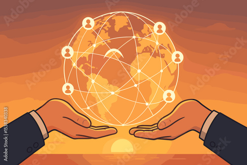 Global business networking concept. Hands holding a digital planet earth with a connected social network. Worldwide communication, international partnership and collaboration vector.