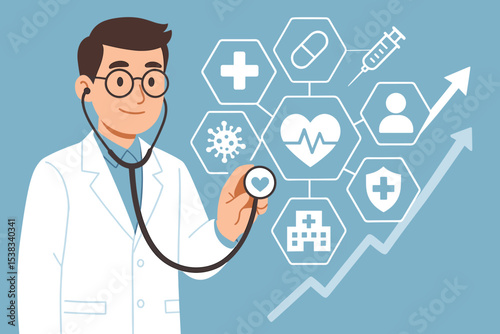 Healthcare system concept. Doctor with stethoscope and network of medical service icons. Innovation in medicine, technology, hospital care, treatment, and insurance. Vector illustration.