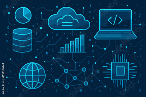 Futuristic technology concept with glowing neon icons. Digital network, cloud computing, big data analysis, software development, global connection, and AI processor illustration.