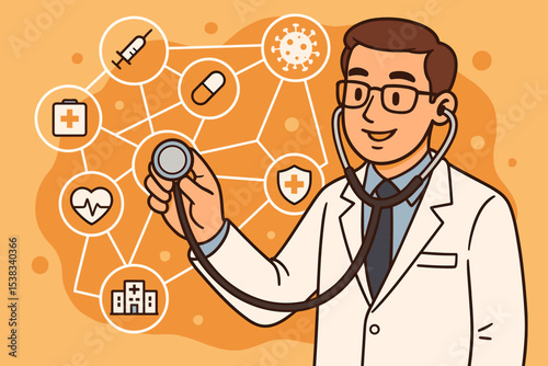 Male doctor with stethoscope analyzing a network of medical icons. Healthcare innovation, technology, hospital system, insurance, and comprehensive care vector illustration concept.