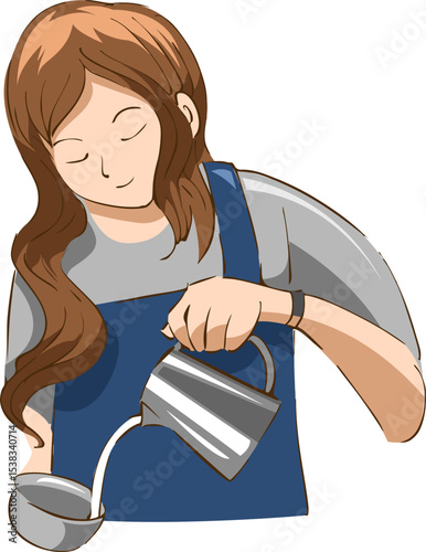 Barista pouring milk: A smiling barista pours milk into a cup, showcasing expertise and creating a frothy beverage. The illustration style is simple and clean. 