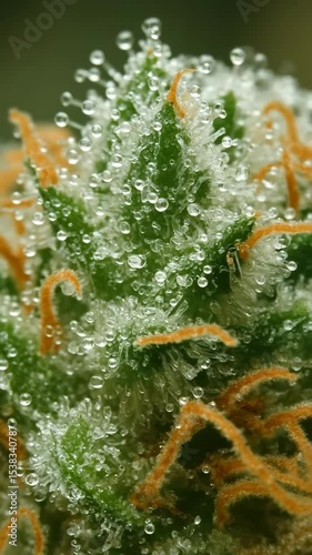 Close-up view of cannabis plant displaying crystal-like trichomes and vibrant orange hairs in natural light