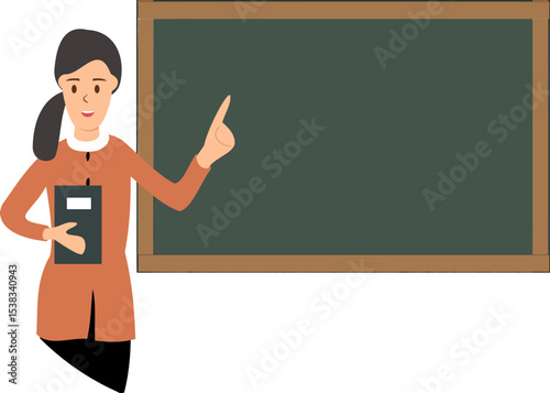 Educator at Blackboard: A cartoon drawing, Woman presenting information at a blackboard in a classroom setting. She holds a book and gesture teaching