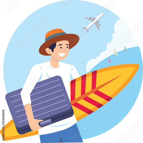 Ocean Traveler's Dream: A cheerful traveler, poised for a beach adventure, cheerfully strides forward, clutching a suitcase and surfboard, ready to take flight amidst ocean.