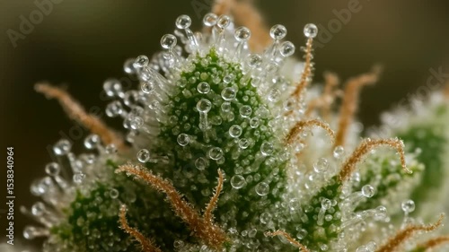 Close-up view of trichomes on cannabis flower showcasing intricate details and vibrant colors in natural light